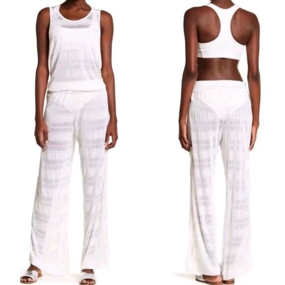 Free People Movement Shasta Linen Wide Leg Sheer Cutout White Beach Pants, Sz S - Picture 1 of 7